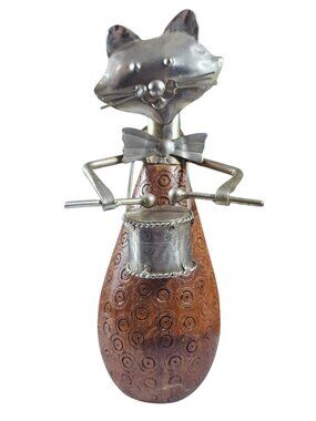 Pier 1 Folk Art Cat Figurine Playing Drums Carved Wood and Silver Metal Decor
